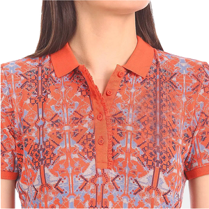 Women's Geometric Print <b>Polo</b> Shirt Short Sleeve <b>Orange</b> Casual Woven Breathable 100% Polyester - Product Image 3