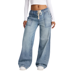 Muqeet Ghazal Womens Light Blue Washed Denim Cargo Jogger Pants Wide Leg Loose Fit High Elastic Waist Drawstring Breathable - Product Image 1