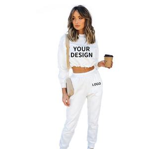 En gros streetwear 100% coton polaire scrunchy chaîne bas femmes survêtements crop top coupe slim pantalon jogging costumes survêtement - Product Image 2