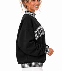 Sudadera Oversize Personalizada para Mujer al por Mayor con Cuello Mock, Diseño a Cuadros, Aplicación de Letras y Bloques de Color - Product Image 2