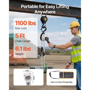 Paranco a Catena Manuale per Carichi Pesanti 1/2T (1100 libbre) Capacità 5FT (1,5 m) di Sollevamento, in Acciaio Legato G80, con Doppio Blocco, Paranco Meccanico a Trazione - Product Image 2