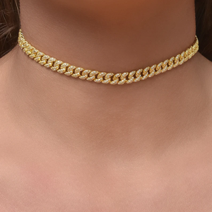 Gold Plated Cuban Link Chain <b>Choker</b> Necklace with Jade Round Brilliant Stones Vintage Style Unisex Fashion Jewelry - Product Image 1
