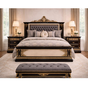 European Style Royal Black Bedroom Room Furniture Vintage Style Wooden <b>Queen</b> <b>Bed</b> With Nightstand wholesale luxury bedroom Set UK - Product Image 1
