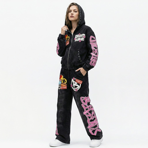 Conjunto Deportivo Personalizado Y2K con Parches Bordados Lavados al Ácido, Sudadera con Capucha y Pantalones Anchos de Estilo Urbano Hip Hop para Hombre - Product Image 5