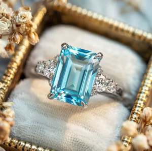 <b>Emerald</b> Cut 3 Carat Blue Topaz 925 Sterling <b>Silver</b> Yellow Gold Plated Luxury Vintage Engagement <b>Ring</b> for Party Occasions - Product Image 2