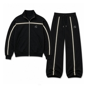 Custom Reflective Piping Boxy Oversized High Collar Hoodies Wide Leg Sweatpants Heavy Cotton Fleece Mock Neck Zip <b>Track</b> <b>Jacket</b> - Product Image 4