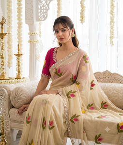 Sari de Seda Indio Tradicional AARA Fashion, Color Beige con Bordado Floral, Blusa Rosa, para Boda, Largo hasta el Suelo, Corte Regular, Protección Solar - Product Image 3