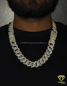 Cadena cubana chapada en rodio con diamantes cultivados en laboratorio VVS en plata de ley 925, corte esmeralda redondo, collar estilo hip hop. - Product Image 1