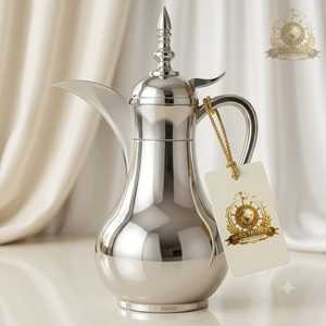 <b>Silver</b> Floral Engraved Stainless Steel Arabic Dallah Coffee Pot Gold Accent <b>Tea</b> Kettle Pitcher Wholesale - Product Image 4
