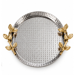 Plateau de service rond en acier inoxydable martelé avec poignées en feuille d'or, idéal pour table basse décorative, mariages, hôtels et fêtes - Product Image 1