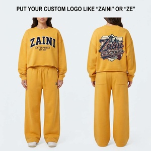 Women Sweatsuit 320 GSM Premium Brushed Fleece Cotton Blend <b>Crop</b> Sweatshirt Wide Leg <b>Pants</b> Custom Logo Casual Streetwear Set Pro - Product Image 1