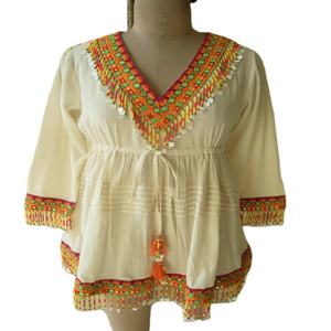 Solid Short Coverup with Embroidered Fringe <b>Lace</b> on the Neckline and Bottom Beachwear <b>Cover</b> <b>up</b> Sustainable Anti-Static - Product Image 1