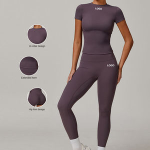 Solid Color Yoga Set Crew Neck Racerback Crop <b>Top</b> High Waist Shorts 2 Piece Seamless Spandex Polyester Anti-Bacterial Four-Way - Product Image 1