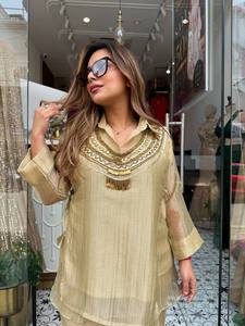 Conjunto de Traje Indio Pakistaní para Mujer, Top Beige de Mezcla de Lino y Pantalones Anchos con Cuello Bordado, Ropa Casual para Festivales - Product Image 3