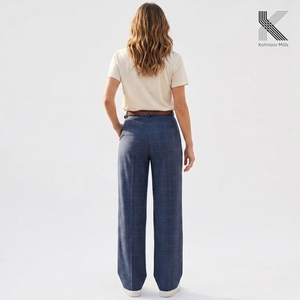 Pantalon large à taille haute pour femme, à carreaux, en coton, plissé, longueur intégrale, style décontracté, pour le printemps - Product Image 3