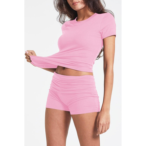 Conjunto de 2 Piezas Rosa, Top Corto con Cuello Redondo y Pantalones Cortos Fruncidos de Cintura Alta, Color Sólido, Spandex y Algodón, Ropa de Yoga - Product Image 1