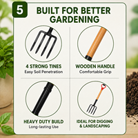 Fourche à main de jardin en fonte |   Outil de creusement à quatre dents avec manche en bois pour la culture du sol, le jardinage, l'aménagement paysager, utilisation en extérieur