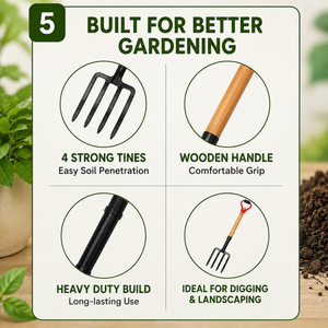 Fourche à main de jardin en fonte |   Outil de creusement à quatre dents avec manche en bois pour la culture du sol, le jardinage, l'aménagement paysager, utilisation en extérieur - Product Image 5