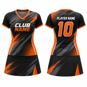 Kit de volley-ball unisexe personnalisé par sublimation, imprimé dégradé noir-orange, polyester respirant, séchage rapide, col en V, manches courtes, élastique - Product Image 1