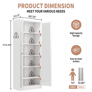 Armadio dispensa da cucina in metallo bianco autoportante alto 183 cm con 5 ripiani regolabili per dispensa o bagno - Product Image 5