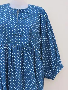 Robe maxi bleue à pois pour femmes, coupe ample, col en V, manches bouffantes, robe décontractée, tissu tissé 100% coton respirant - Product Image 2