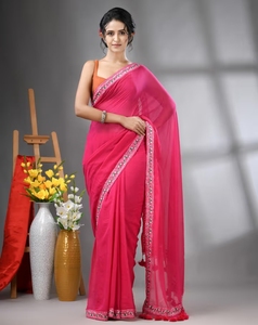 Sari Tradicional KV de Algodón Mul con Borde Bordado para Fiesta, Sin Blusa - Product Image 6