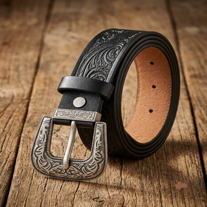 Ceinture en cuir western avec décorations florales, boucle argentée de designer, style vintage décontracté, en cuir de vachette durable, ceinture unisexe en cuir travaillé - Product Image 5