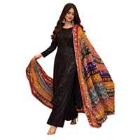 Baju Anarkali Tradisional Wanita Hitam Bordir Dengan Dupatta Warna-warni Untuk Pesta Gaya India & Pakistan Pakaian Bergaya