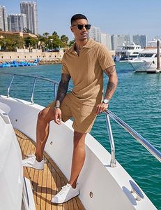Ensemble polo à manches courtes beige pour homme avec short, respirant, léger, décontracté, pour l'été, demi-zip, couleur unie, coupe classique - Product Image 2