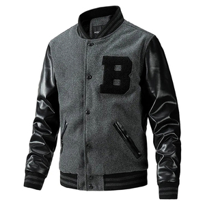 Chaqueta Varsity Gris y Negra para Hombre, Cuerpo de Lana, Mangas de Cuero PU, Parche de Letras de Chenille, Estilo Béisbol Universitario, Ropa Urbana, Venta al Por Mayor - Product Image 1