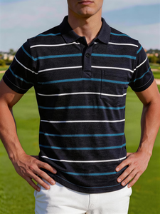Men's Striped Short Sleeve Polo Shirt Knitted Casual Pocket Design Regular Fit Navy Blue White Teal Regular Fit Bangladesh - Product Image 6