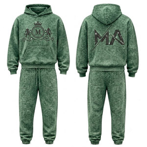 Conjunto Deportivo para Hombre, Verde, Lavado Ácido, 100% Algodón, 480 gsm, Alta Calidad, con Pedrería, Pantalones Largos con Cordón Ajustable, Ropa Casual - Product Image 1