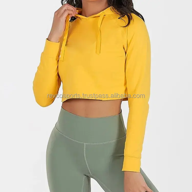 Thiết Kế Mới Thể Thao Mặc Ngắn Phòng Tập Thể Dục Crop Hoodies Cho Phụ Nữ Dài Tay Áo Áo Thun Cắt Màu Vàng Hoodies Áo Nỉ Cho Yoga