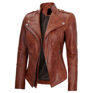 Chaqueta de Motociclista para Mujer, de Piel de Cordero Marrón, Transpirable, Gruesa, con Cierre, Cuello Camisero, Manga Larga - Product Image 1