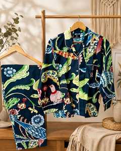 Women's Floral Print 100% Cotton Soft Casual Summer Long Sleeve <b>Two</b> <b>Piece</b> Drawstring Closure ODM Pajama <b>Set</b> Nightwear <b>Lounge</b> <b>Set</b> - Product Image 4