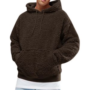 Sweat-shirt à capuche en sherpa marron surdimensionné pour homme, sweat-shirt en polaire décontracté pour l'hiver, coupe classique, couleur unie, design avec poche - Product Image 6