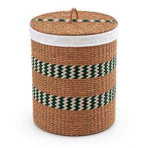 Cesto de Ropa Redondo Clásico Personalizable y Ecológico de Seagrass y Yute con Tapa, Forro de Tela y Diseño Chevron Verde al por Mayor - Product Image 3