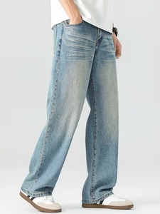 Vaqueros de mezclilla de pierna ancha teñidos estilo vintage para hombre |   Pantalones Azules Holgados de Corte Relajado |   Pantalones Casuales de Pierna Recta de Algodón Retro para Streetwear - Product Image 3