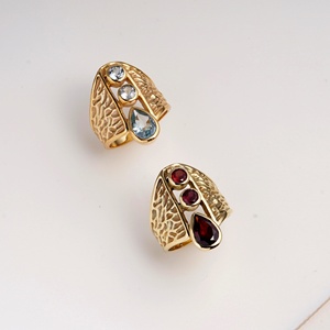 Natural Pear-Shaped <b>Brass</b> <b>Ring</b> Gold Plated Statement <b>Ring</b> Handmade Textured Wide Band Designer Gemstone Women Jewelry Moku - Product Image 2