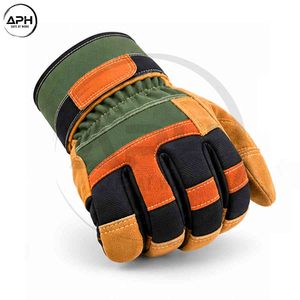 Gants de travail en cuir vert olive et brun avec paumes noires, pouce renforcé et manchette de poignet réglable - Product Image 5