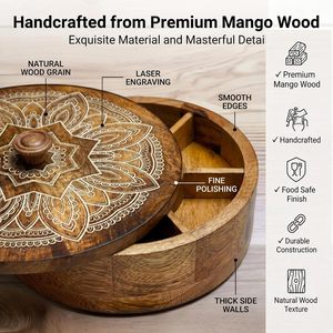 Pot à épices en bois artisanal avec couvercle et cuillère, récipient de rangement traditionnel sculpté, finition bois poli - Product Image 4