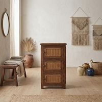 Table de chevet traditionnelle en bois d'acajou avec tiroirs de rangement en rotin naturel tressé pour chambre à coucher, école ou salon