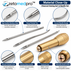 Juego de 4 agujas de coser de cuero con mango de madera y 3 agujas intercambiables con puntas rectas y curvas de acero inoxidable ZETOMEDPRO - Product Image 5