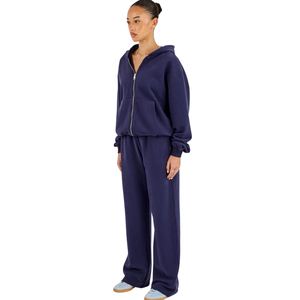 <b>Womens</b> Relaxed Full Zip Hooded Tracksuit Set <b>Long</b> Sleeve <b>Top</b> Straight Leg Trousers Drawstring Waist 2 Piece Casual Lounge Outfit - Product Image 6