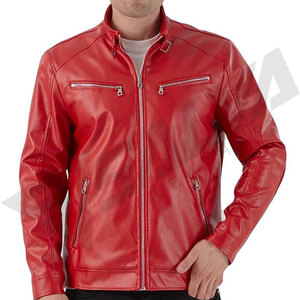 Men's Red Leather Moto <b>Jacket</b> Stand Collar Zipper Closure Slim Fit Autumn Regular Sleeve Solid Color - Product Image 5