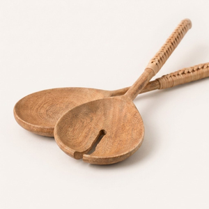 Hand-Carved Mango Wood Salad Servers with Rattan <b>Wrapped</b> Handles 2 Piece Eco-Friendly Wooden Serving Set for <b>Kitchen</b> & Farmhouse - Product Image 4