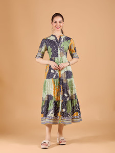 Robe midi trapèze pour femme, faite à la main, imprimé floral bohème, en coton, robe maxi décontractée pour femme, tenue d'été, robe midi à manches courtes - Product Image 4