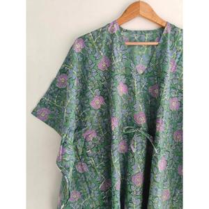 Elegante Vestido Kaftán de Algodón con Estampado Floral de Menta, Cuello en V, Estilo Bohemio, Holgado, Informal, para Vacaciones de Verano - Product Image 4