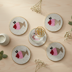 Handmade Beaded Round Coaster with Ice Cream Design White and Gold Border Decorative Table Mat - Product Image 2