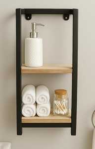 <b>Wall</b> <b>Mounted</b> Bathroom <b>Shelf</b> Storage Rack Metal Frame Wooden Panel Organizer for Washroom Vanity - Product Image 3